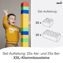 Lade das Bild in den Galerie-Viewer, Zebrix XXL Klemmbausteine Alle 7 Farben | rot, grün, blau, gelb, pink, hellblau, orange | Große Bausteine 25 / 50 Steine