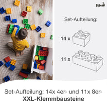 Lade das Bild in den Galerie-Viewer, Zebrix XXL Klemmbausteine 4 Hauptfarben | rot, gelb, blau, grün | Große Bausteine 25 / 50 Steine
