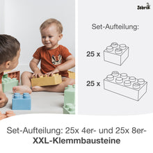 Load image into Gallery viewer, Zebrix XXL clamping blocks 4 pastel colors | white-green, beige-red, sandy yellow, pastel blue | Large building blocks 25, 50, 100 or 200 bricks