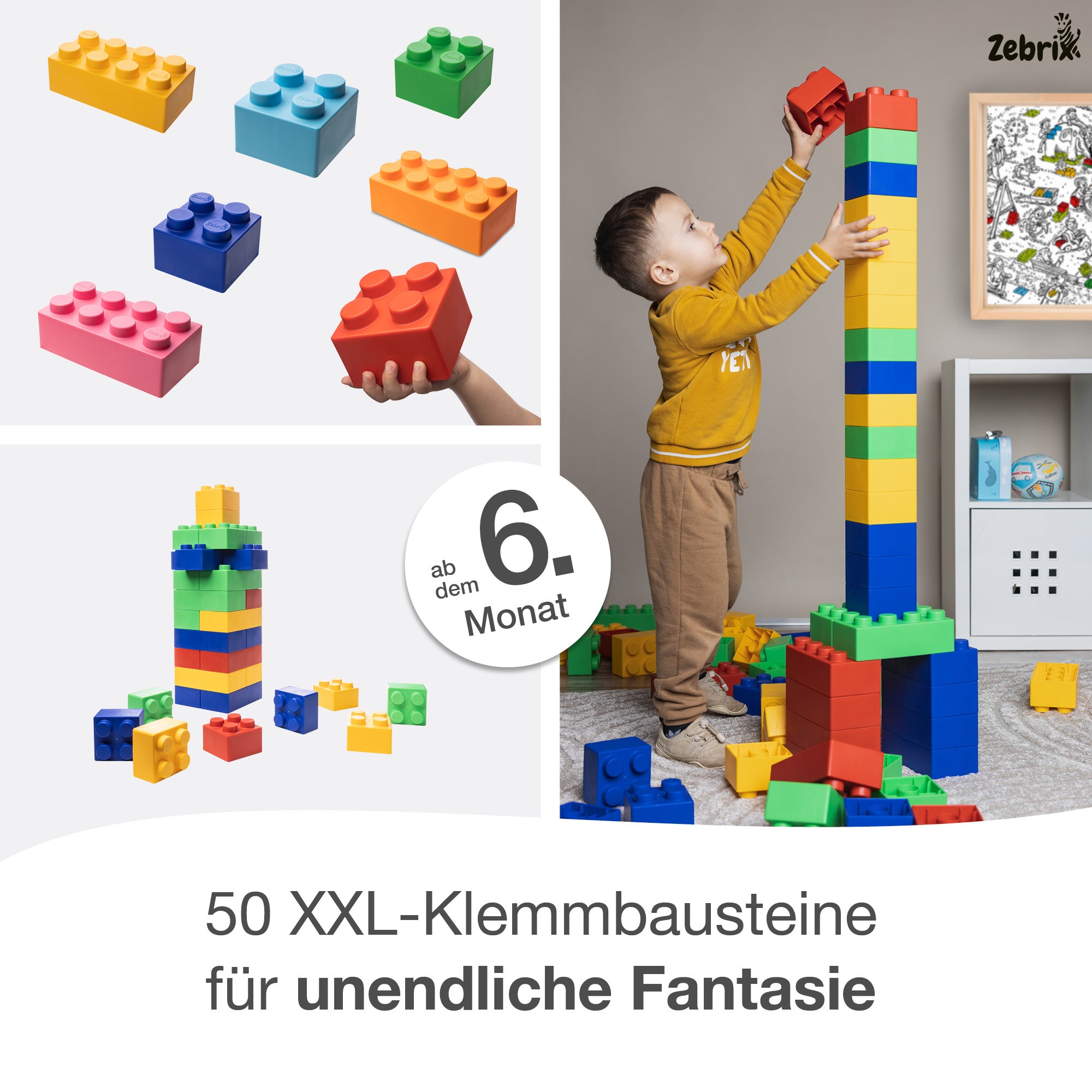 Zebrix XXL Klemmbausteine Alle 7 Farben | rot, grün, blau, gelb, pink ...