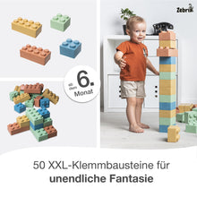 Lade das Bild in den Galerie-Viewer, Zebrix XXL Klemmbausteine 4 Pastellfarben | weißgrün, beigerot, sandgelb, pastellblau | Große Bausteine 25 / 50 Steine
